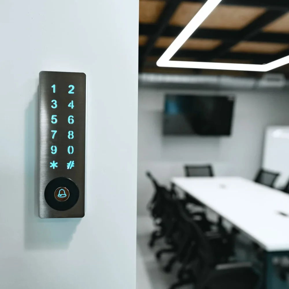 Electronic digital door lock on office wall