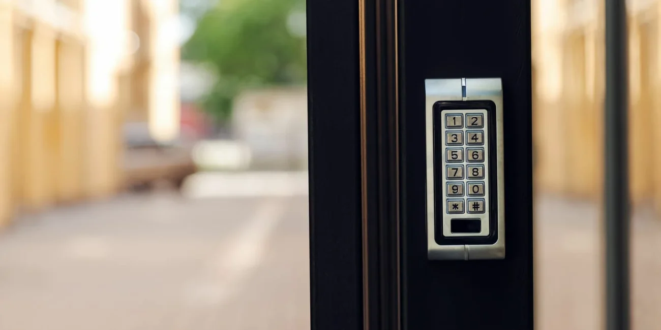 Numeric keypad door lock at building entrance