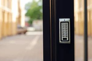 Numeric keypad door lock at building entrance